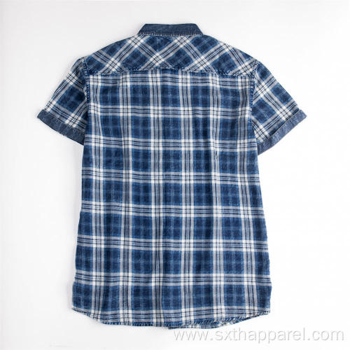 Men's Short Sleeve Denim Twill Plaid Shirt